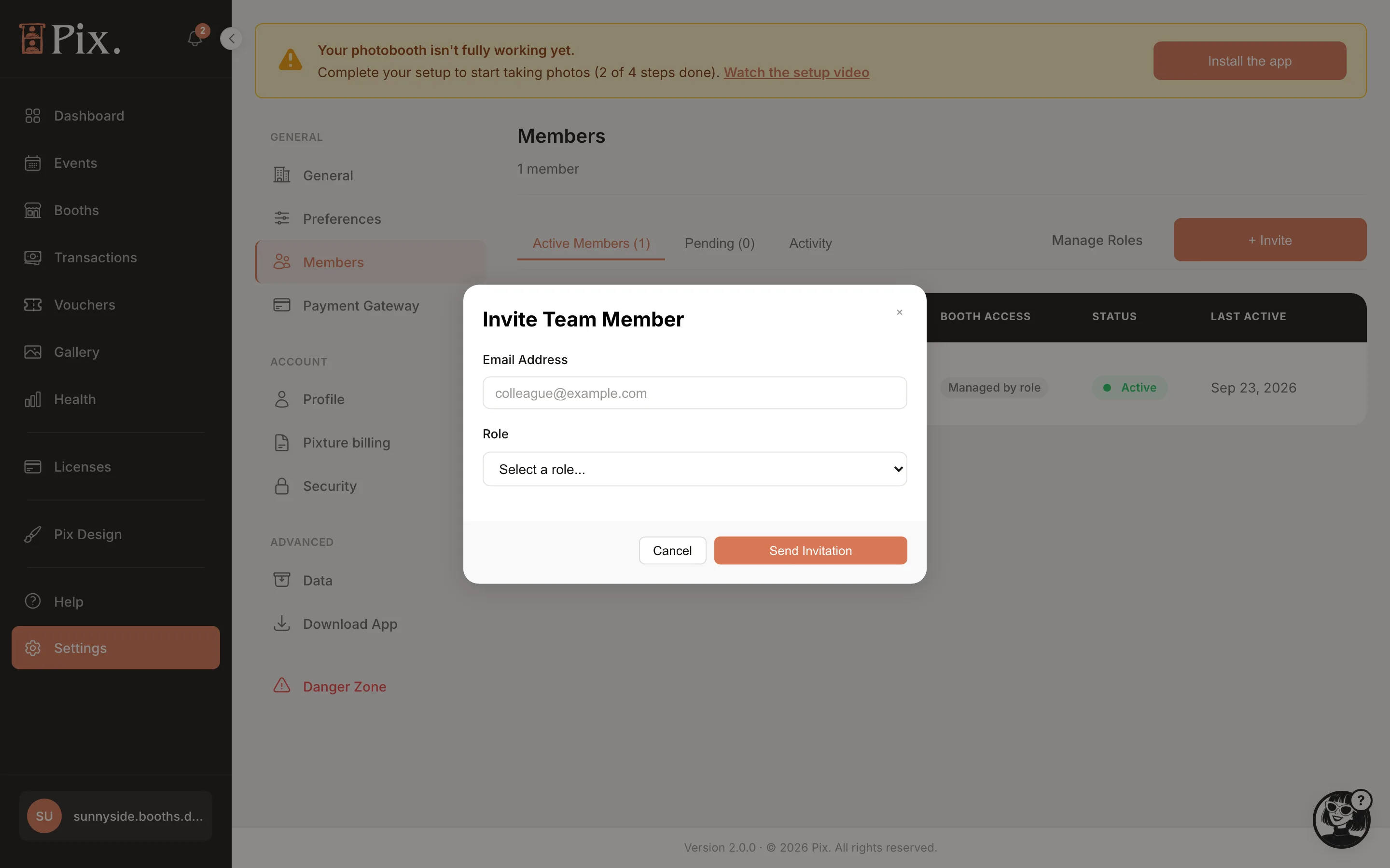 Invite Team Member modal: Email Address, Role, Send Invitation
