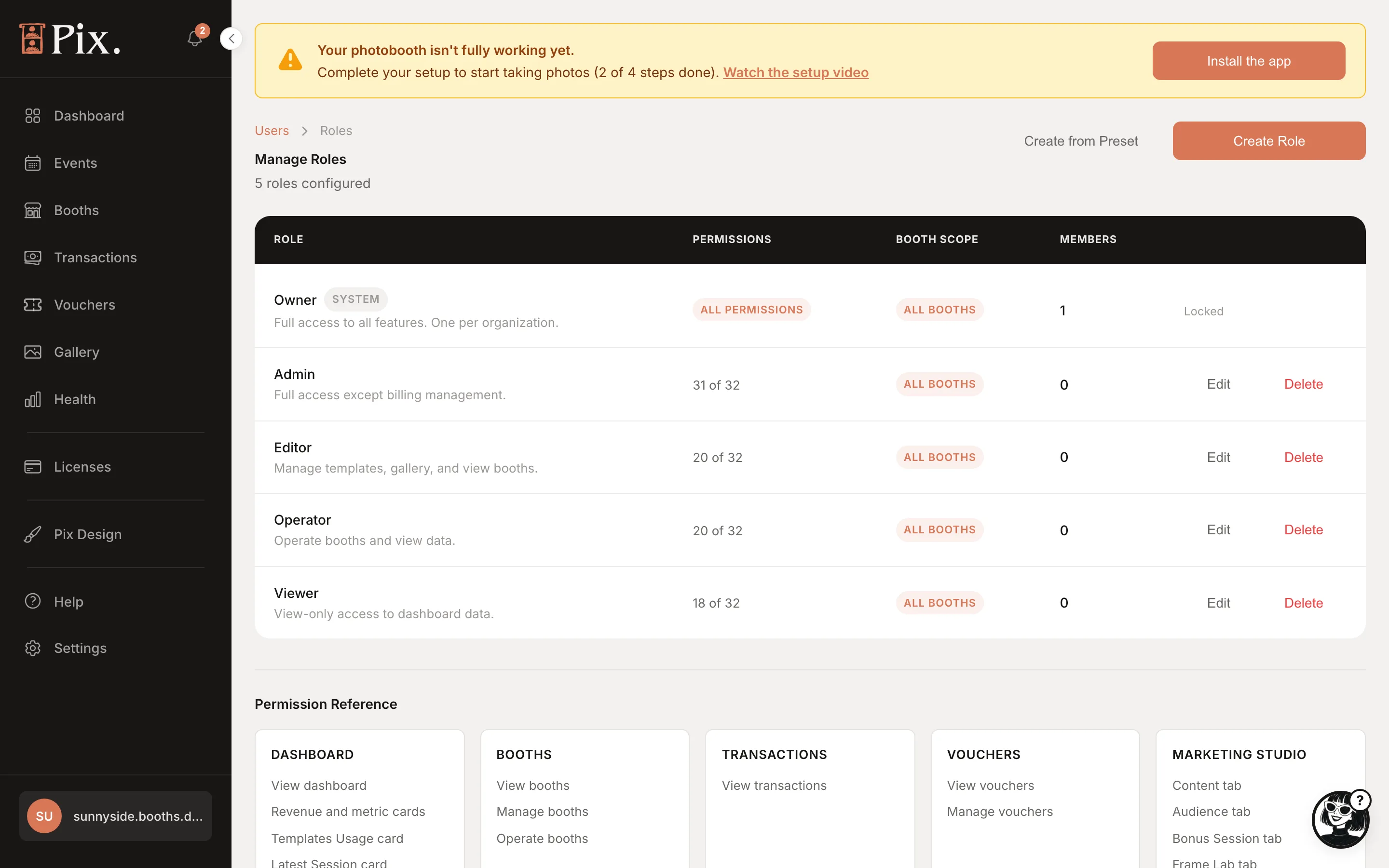 Roles page: Create from Preset, Create Role, Permission Reference