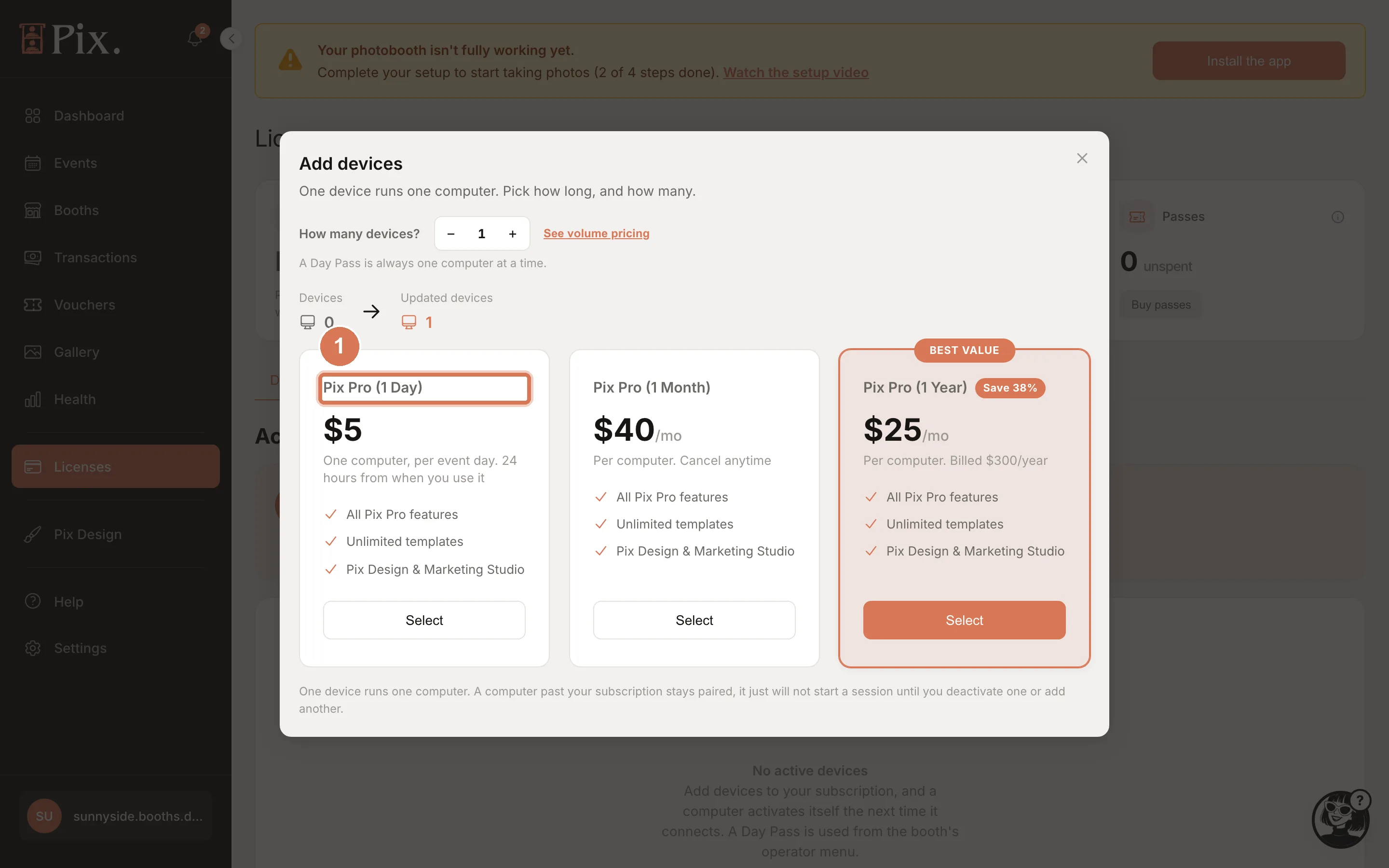 Buy Event Passes flow opened from the Event Passes card