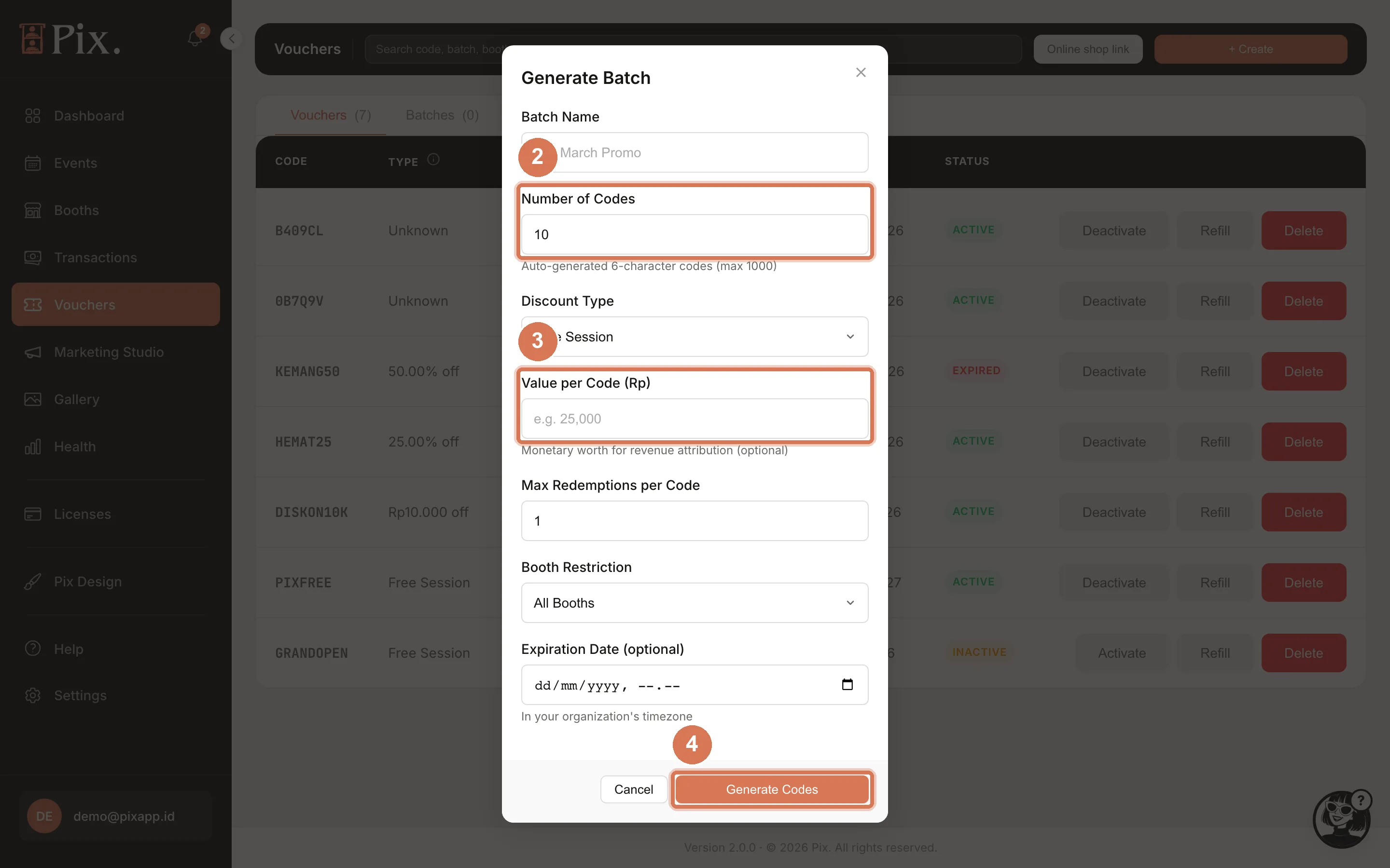 Generate Batch modal with Batch Name, Number of Codes, Discount Type, Value per Code, Max Redemptions per Code, Booth Restriction and Expiration Date