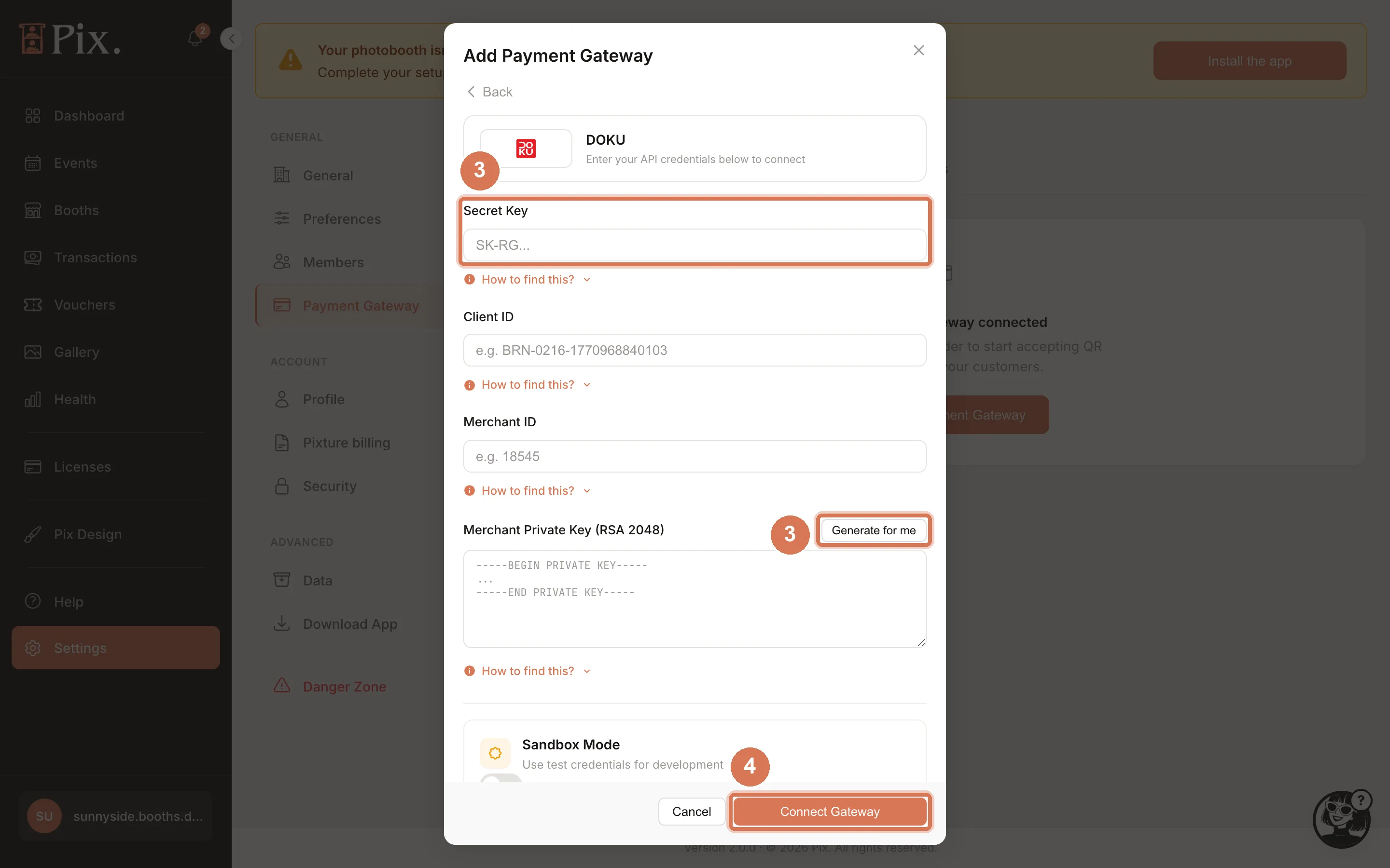Add Payment Gateway modal, DOKU form with Secret Key, Client ID, Merchant ID, Merchant Private Key, Generate for me and Sandbox Mode