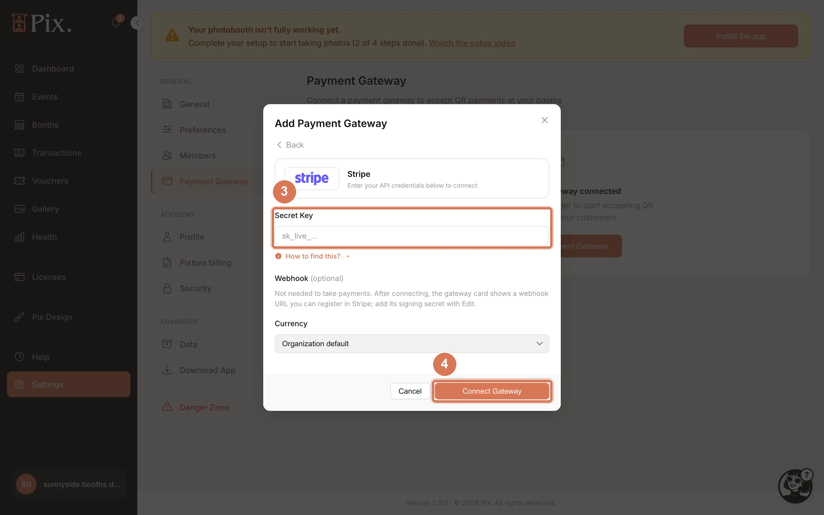 Add Payment Gateway modal, Stripe form with the Secret Key field, Currency and the optional Webhook note