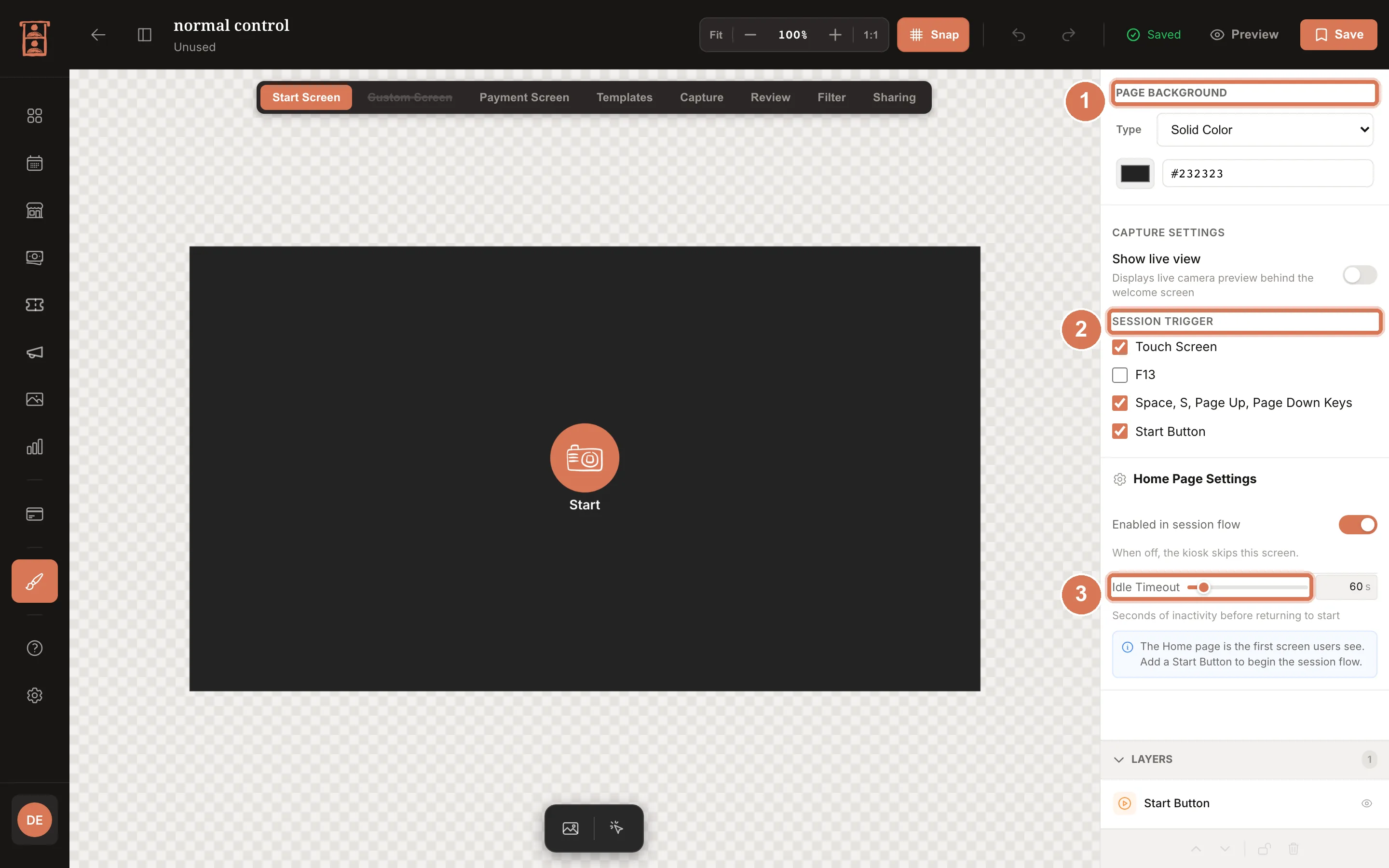 UI Editor on the Start Screen with the page tabs, the canvas with a Start button, Page Background, Session Trigger checkboxes, Home Page Settings and Layers