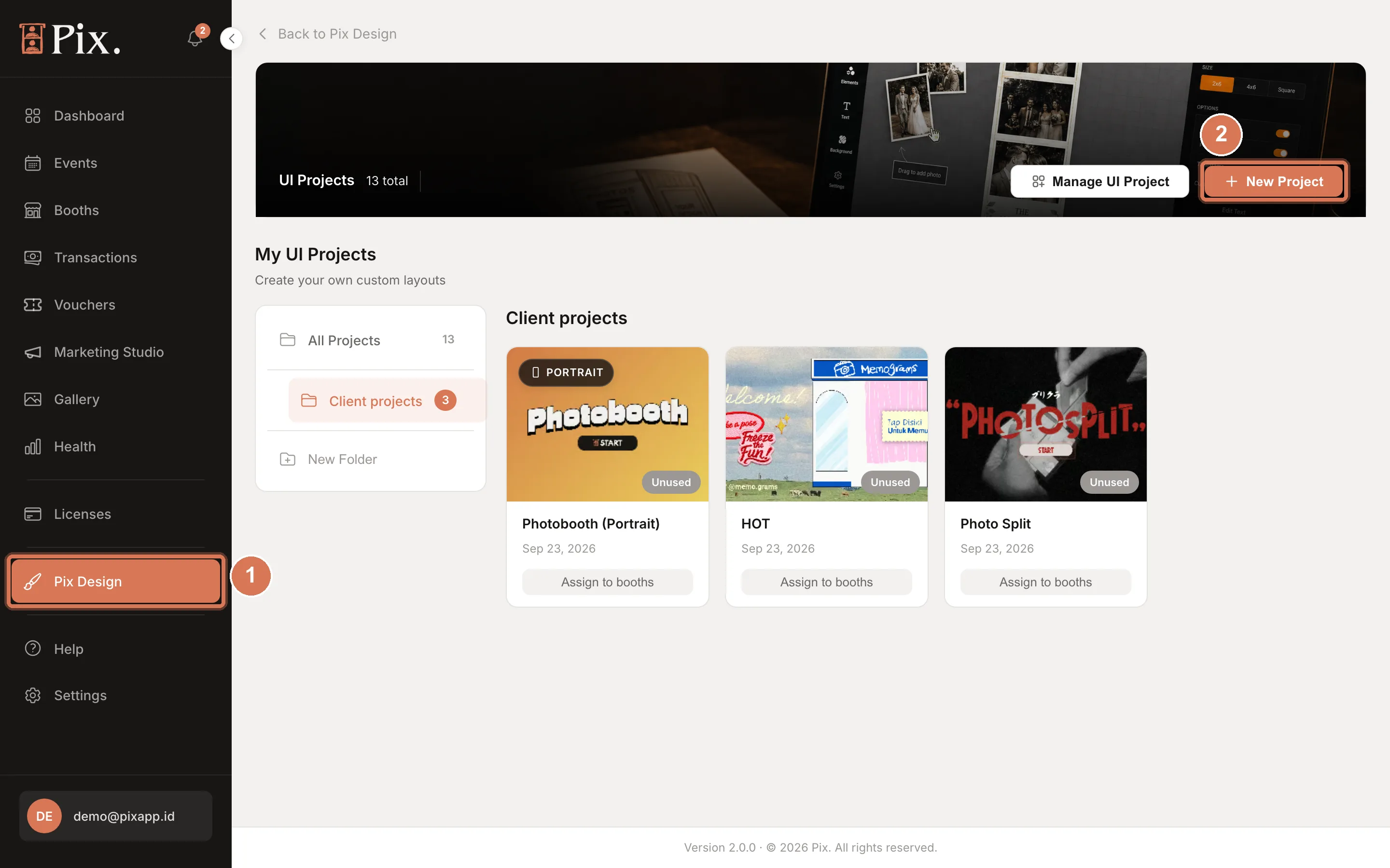 UI Projects list with project cards, Manage UI Project and New Project