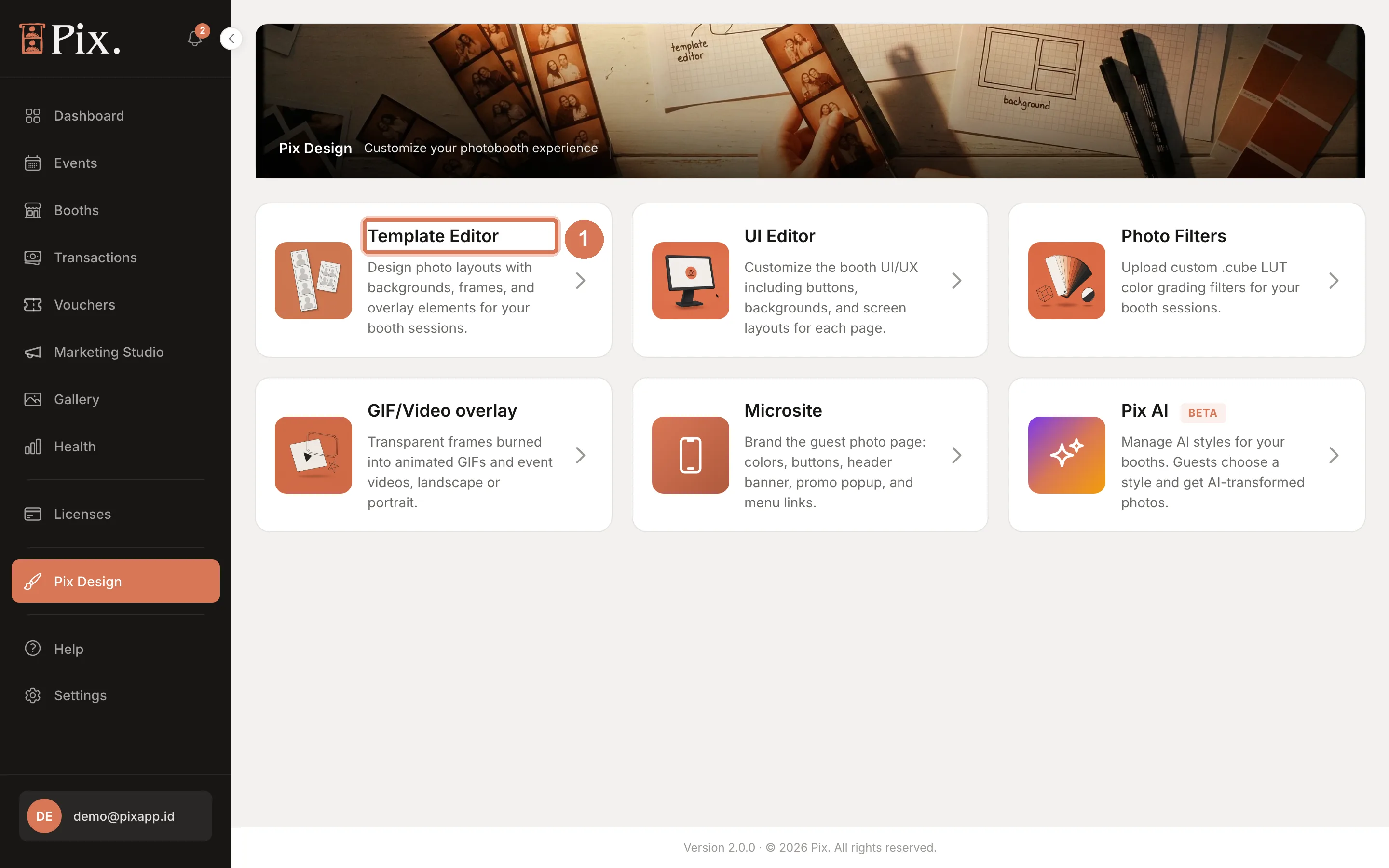 Pix Design hub with the Template Editor, UI Editor, Photo Filters, GIF/Video overlay, Microsite and Pix AI cards