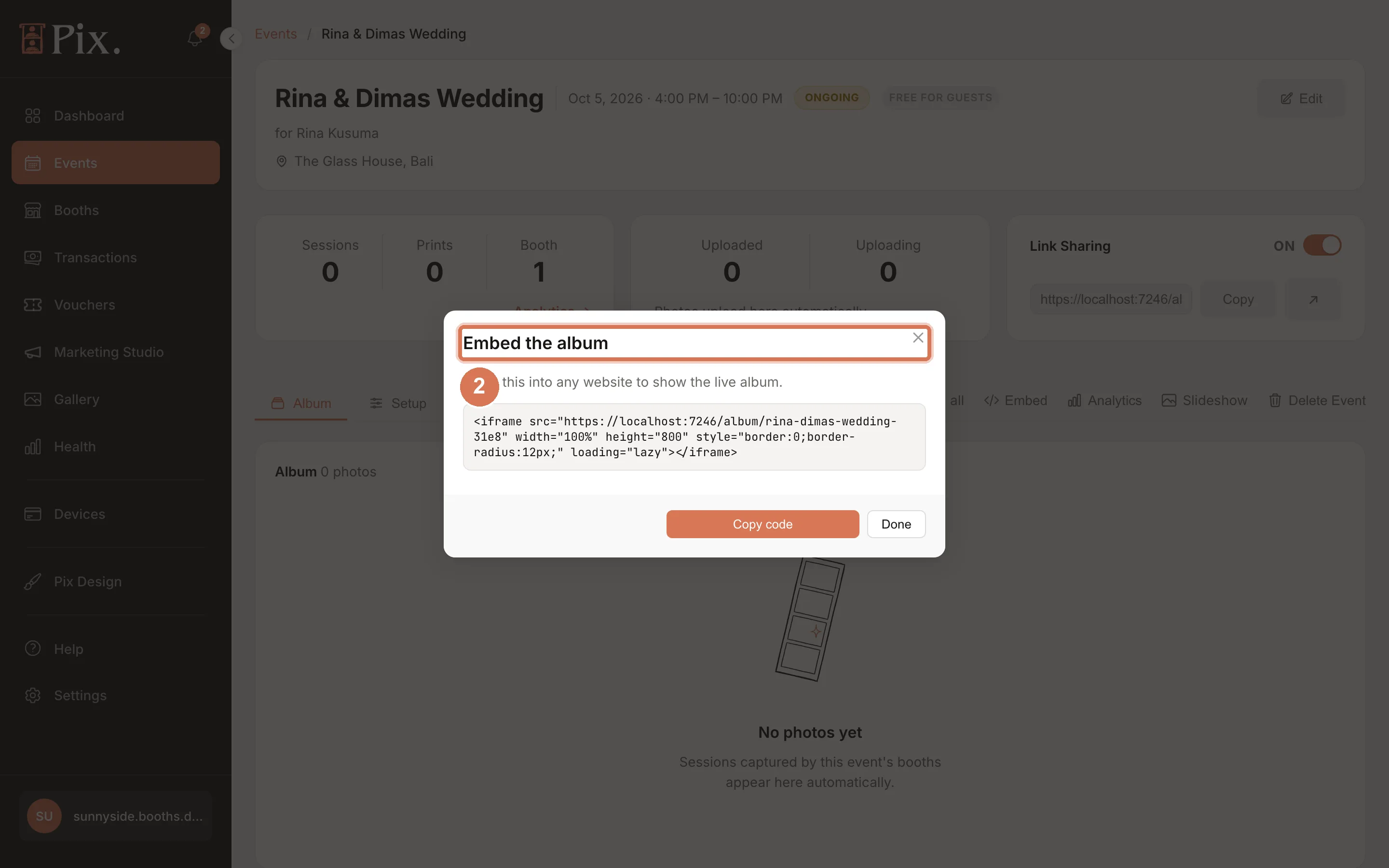 Embed modal for the public event album