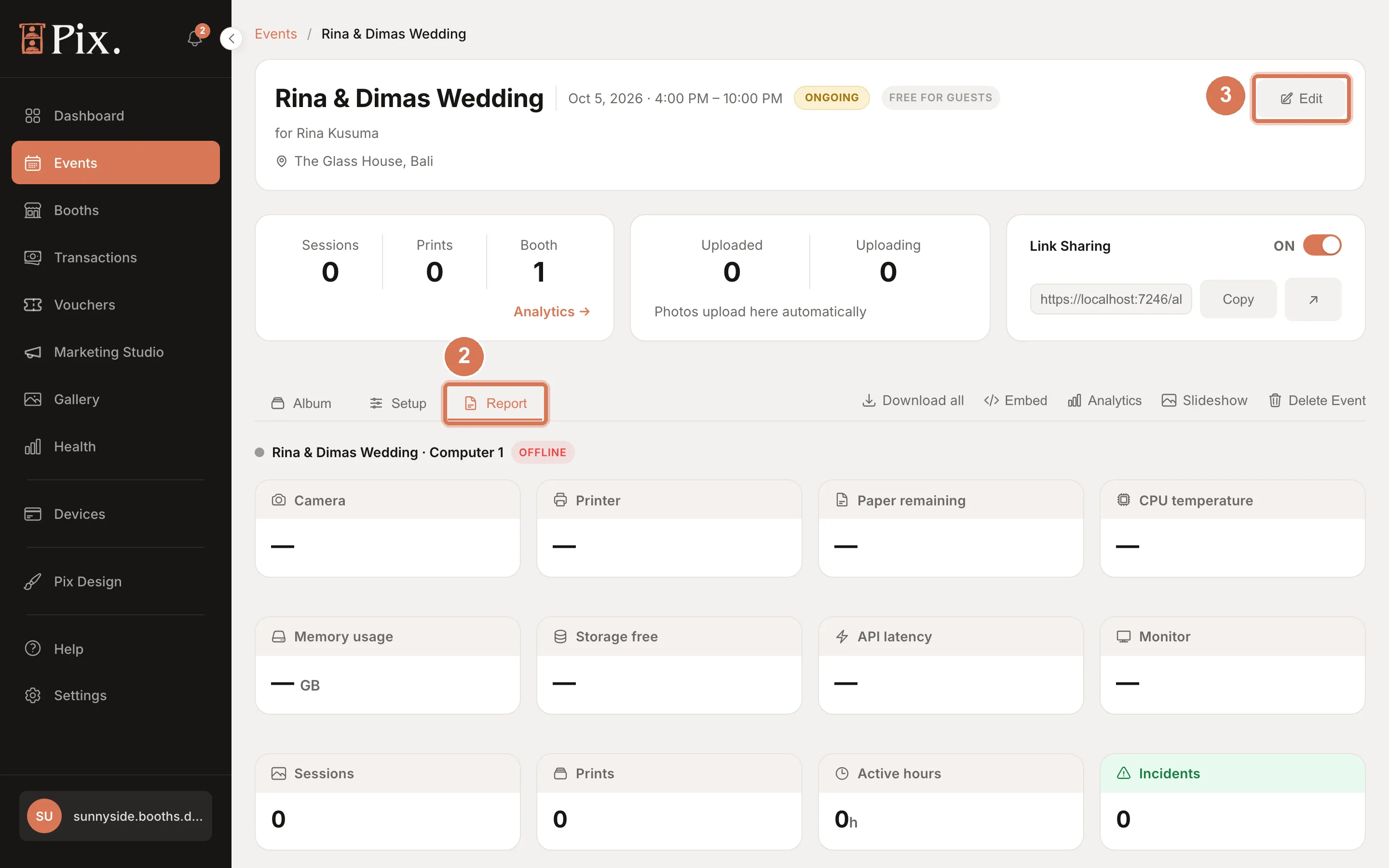 Event Report tab with per-booth health and incidents
