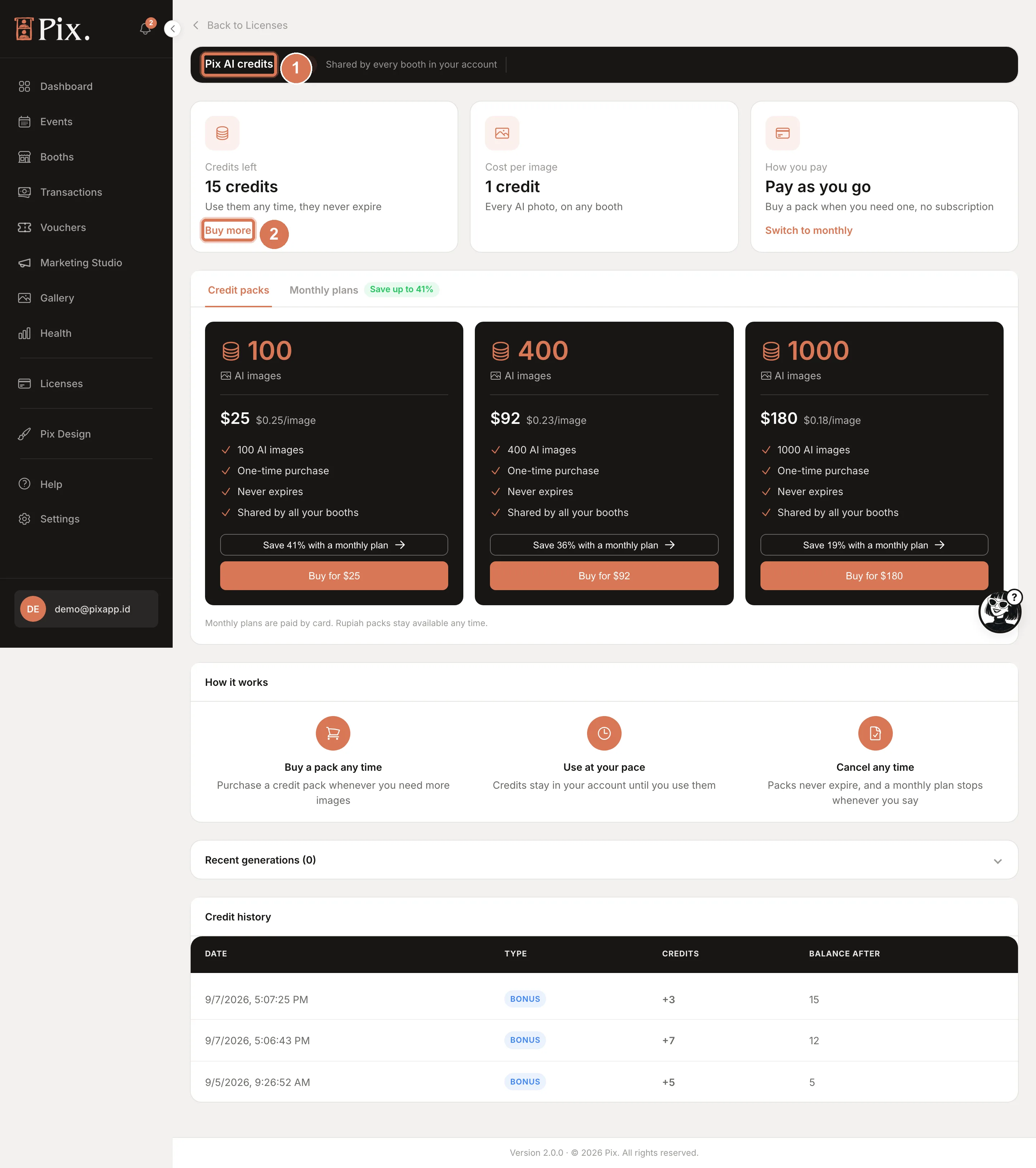 Pix AI credits page with Credits left, Buy more, cost per image, How you pay and the credit packs