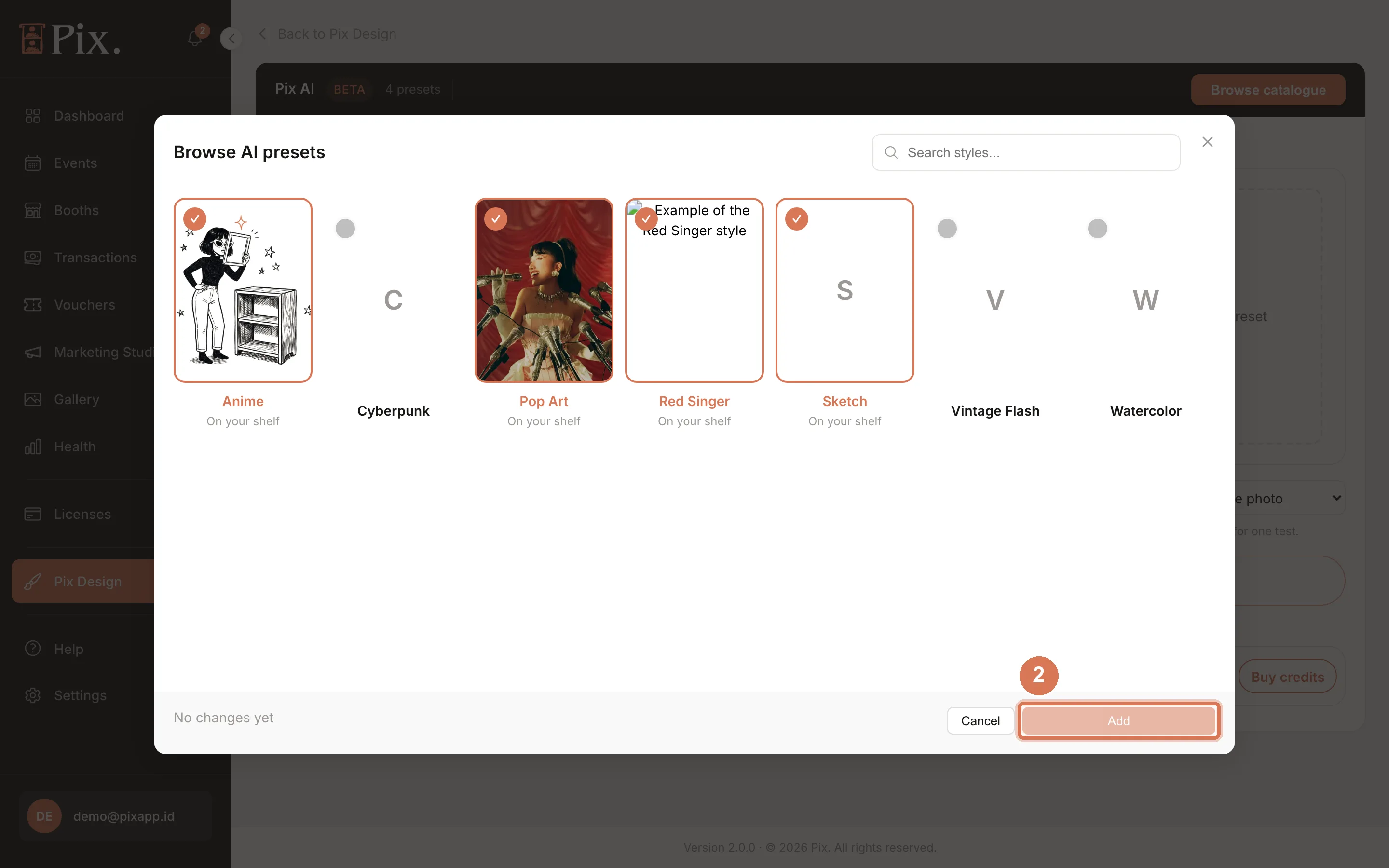 Browse AI presets modal with tickable preset cards and Add