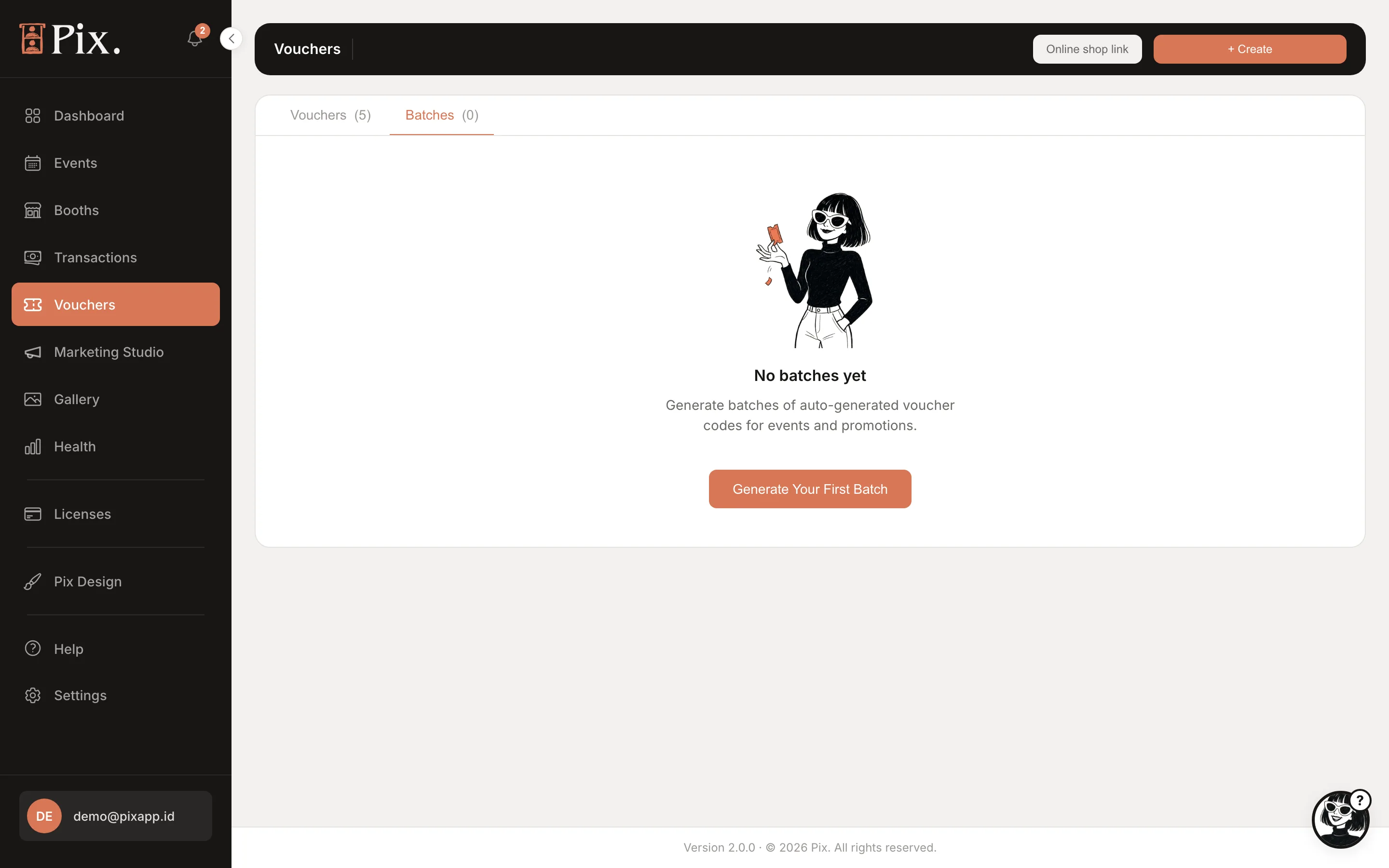 Vouchers page, Batches tab